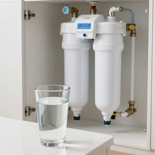 Under-sink water filter system with a glass of water on a counter