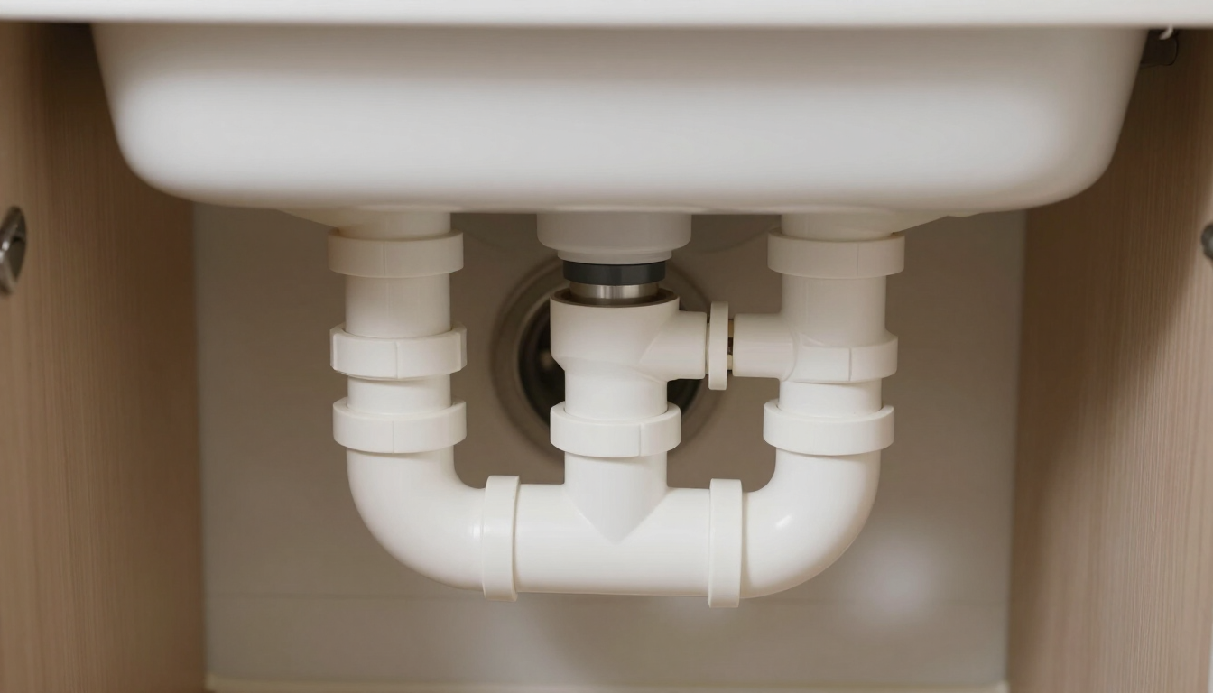 White sink plumbing and P-trap inside a bathroom cabinet