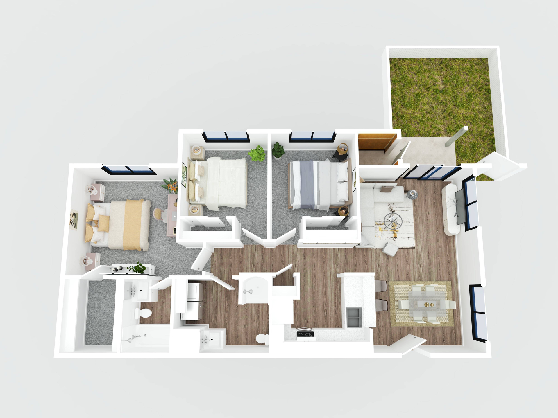 3D floor plan of a home with two bedrooms, living room, kitchen, and a small outdoor patio.