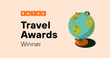 Gráfico del ganador de los premios Kayak Travel Awards con un globo terráqueo y el logotipo de Kayak.