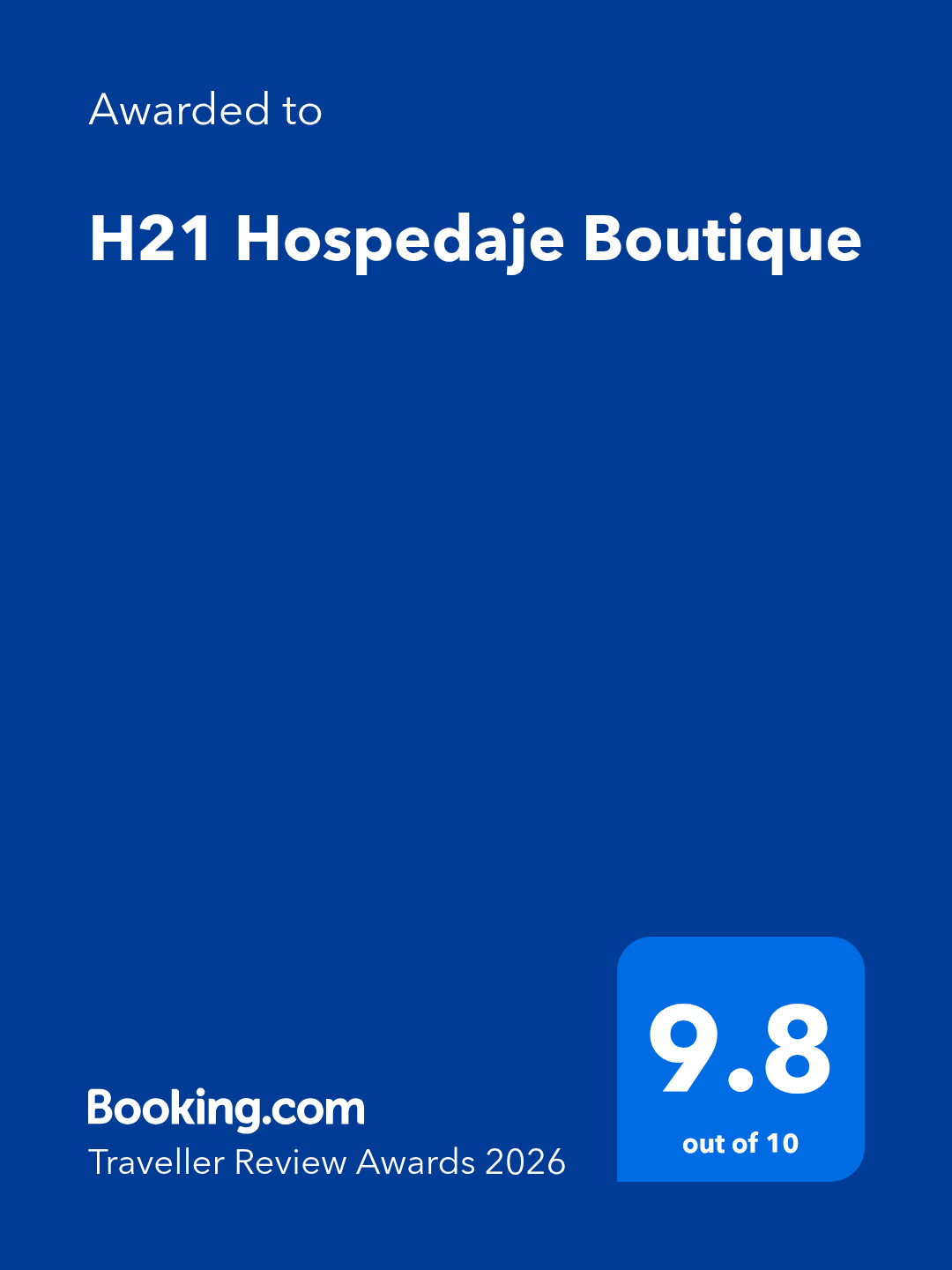 Premio Booking.com Traveller Review para H21 Hospedaje Boutique: un cuadrado azul con una calificación de 9,8 sobre 10.