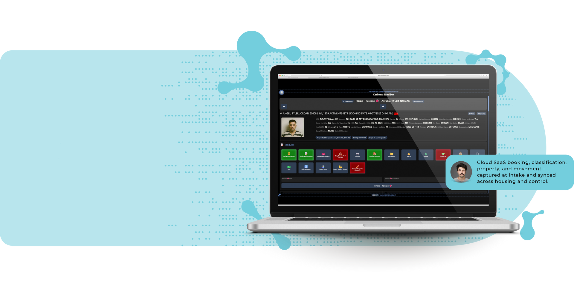Laptop displaying a dark media dashboard with colorful tiles and a chat message overlay on a blue background
