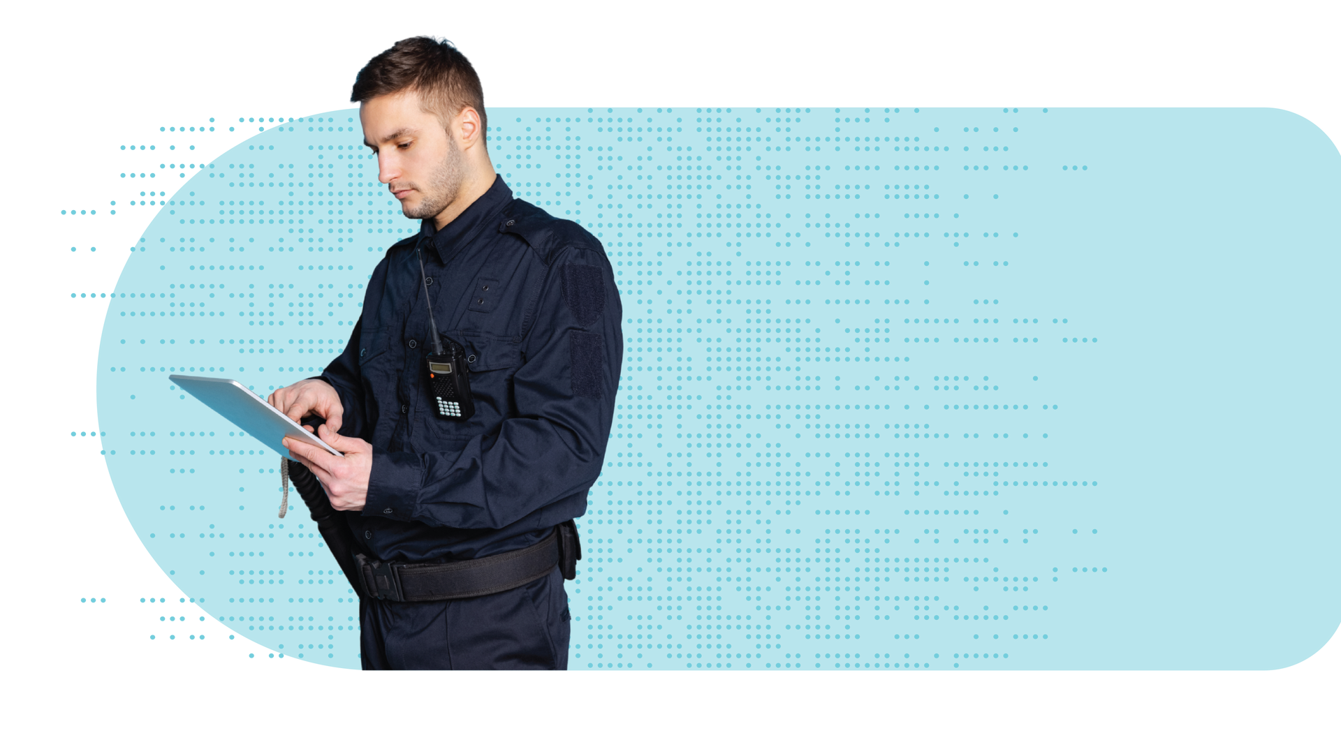 Person in dark uniform using a tablet against a light blue background
