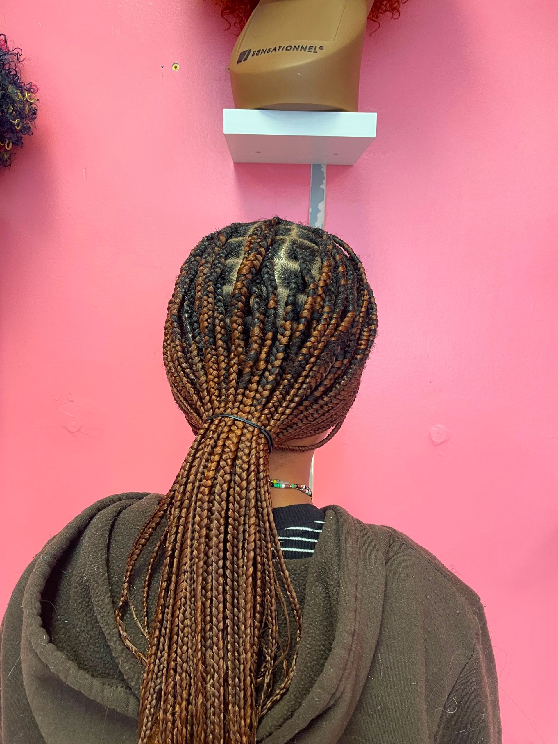 Person with braided hair facing a pink wall and shelf, viewed from behind