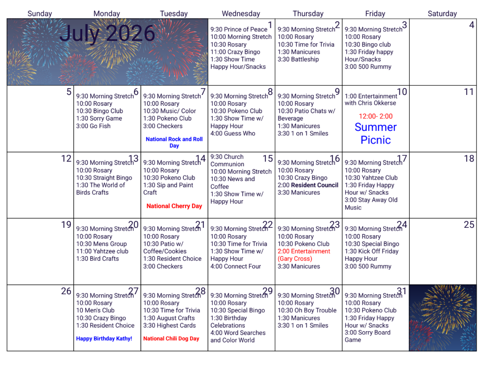 July 2026 monthly calendar with color-coded events and a “Summer Picnic” note