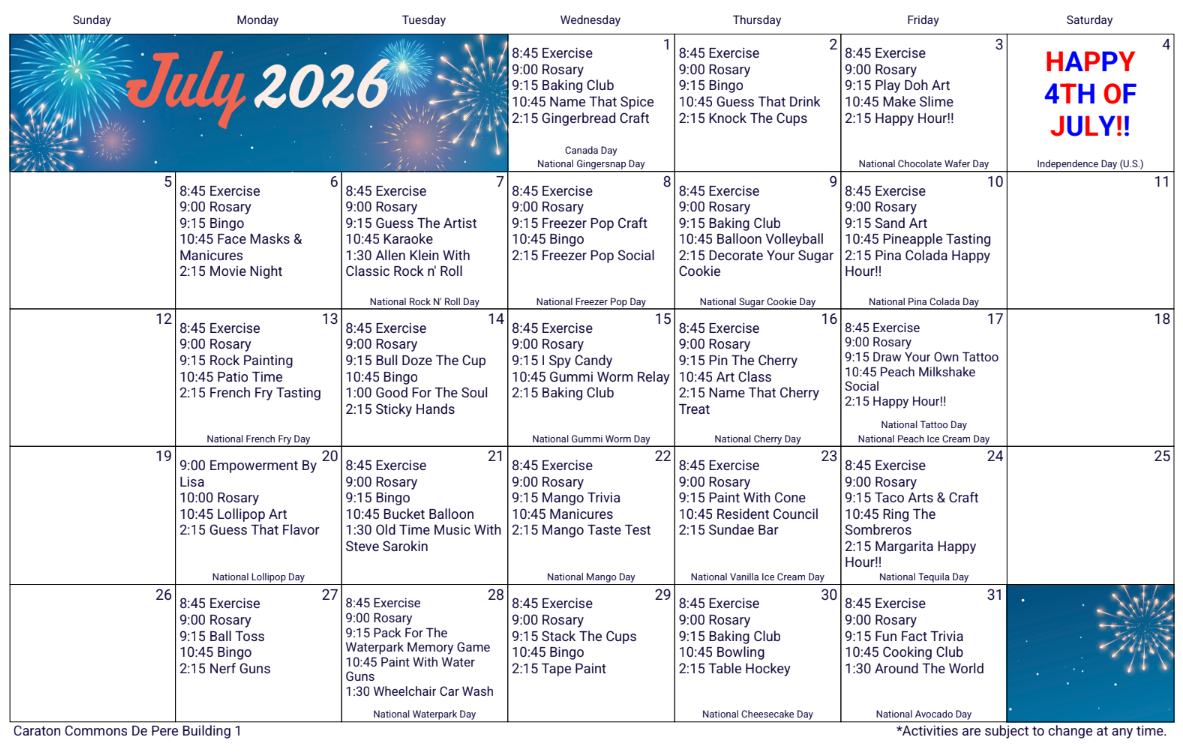 July 2026 monthly calendar with blue patriotic banners and “Happy 4th of July” text.