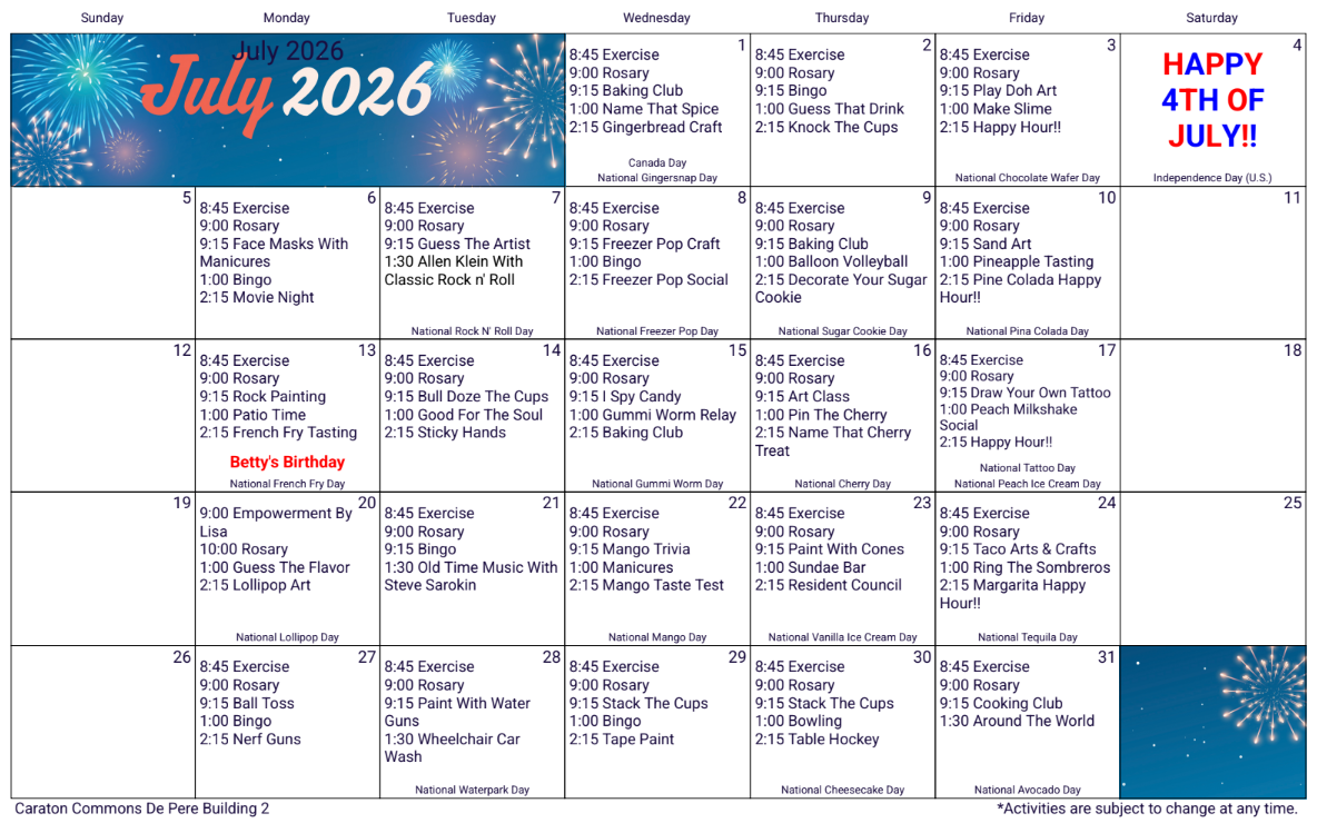 July 2026 calendar with a blue fireworks header and “Happy 4th of July” note on the right