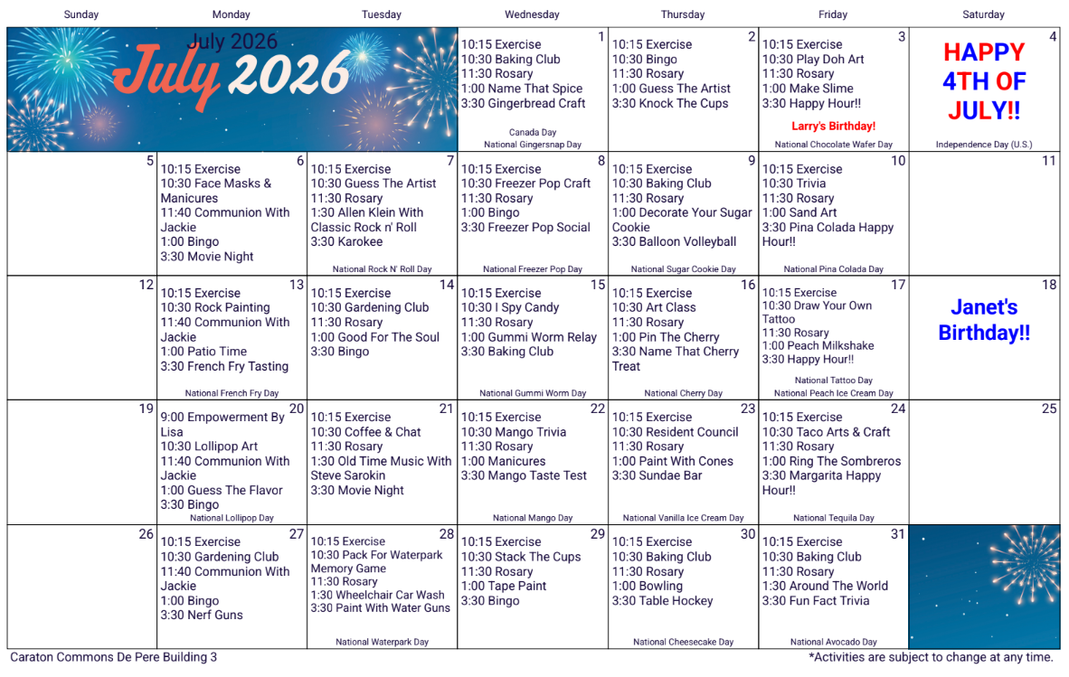 July 2026 monthly calendar with blue floral header and holiday notes for July 4th/5th
