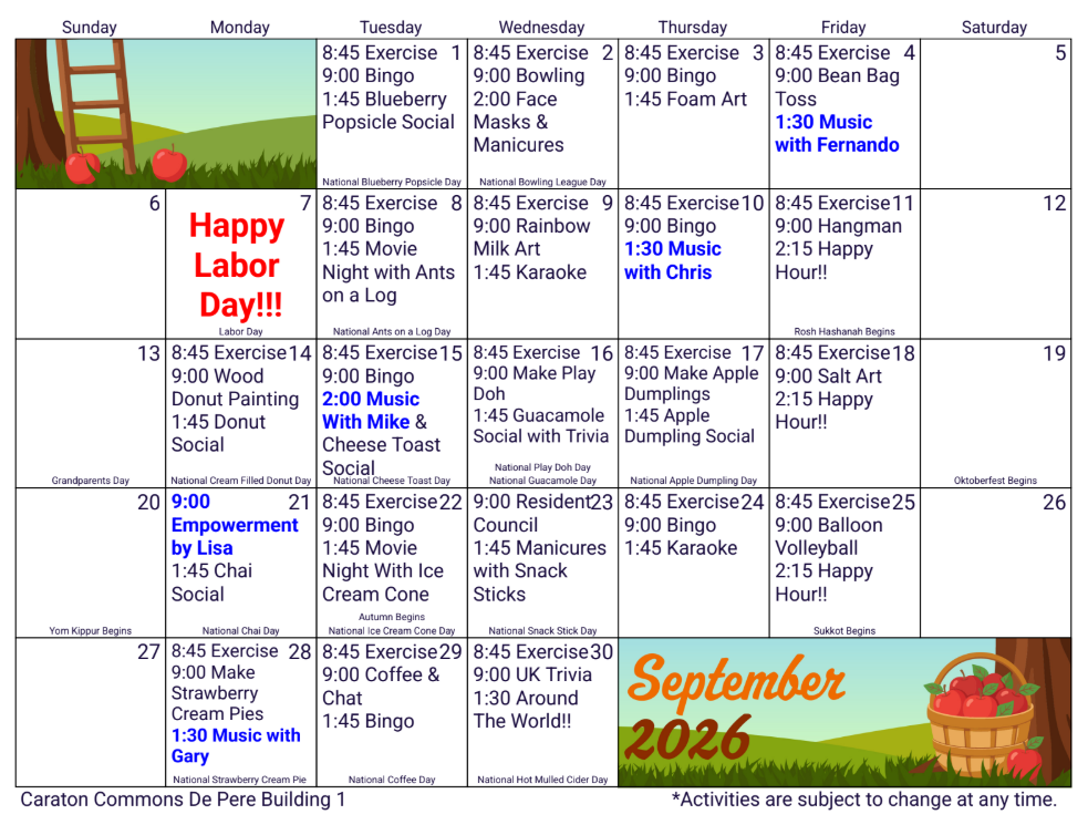 September 2026 calendar with daily school events, featuring a Happy Labor Day note and festive fall decorations