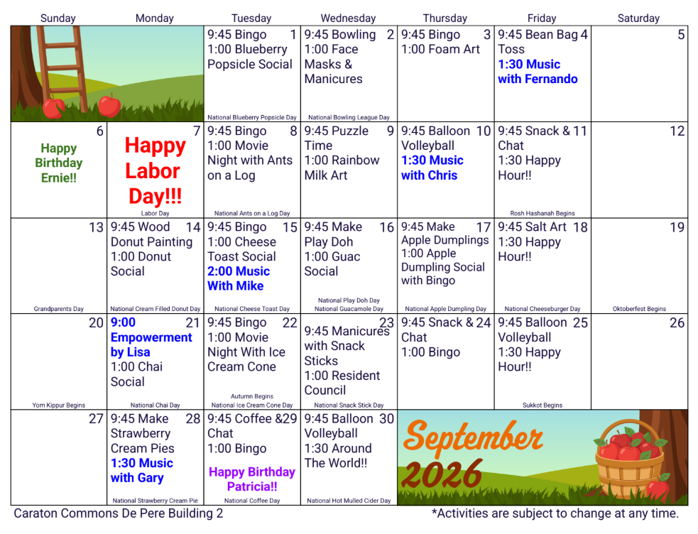 September 2026 calendar with a pumpkin, autumn leaves, and “Happy Labor Day!” note