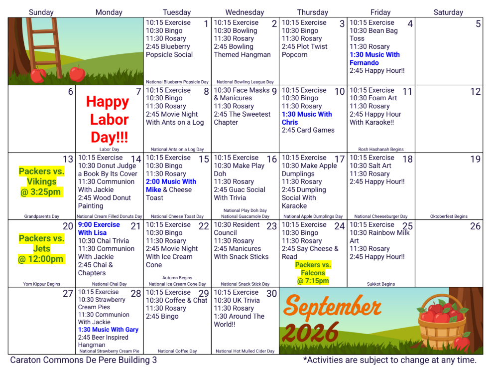 September 2026 calendar with holiday notes, “Happy Labor Day!!” banner, and autumn decorations