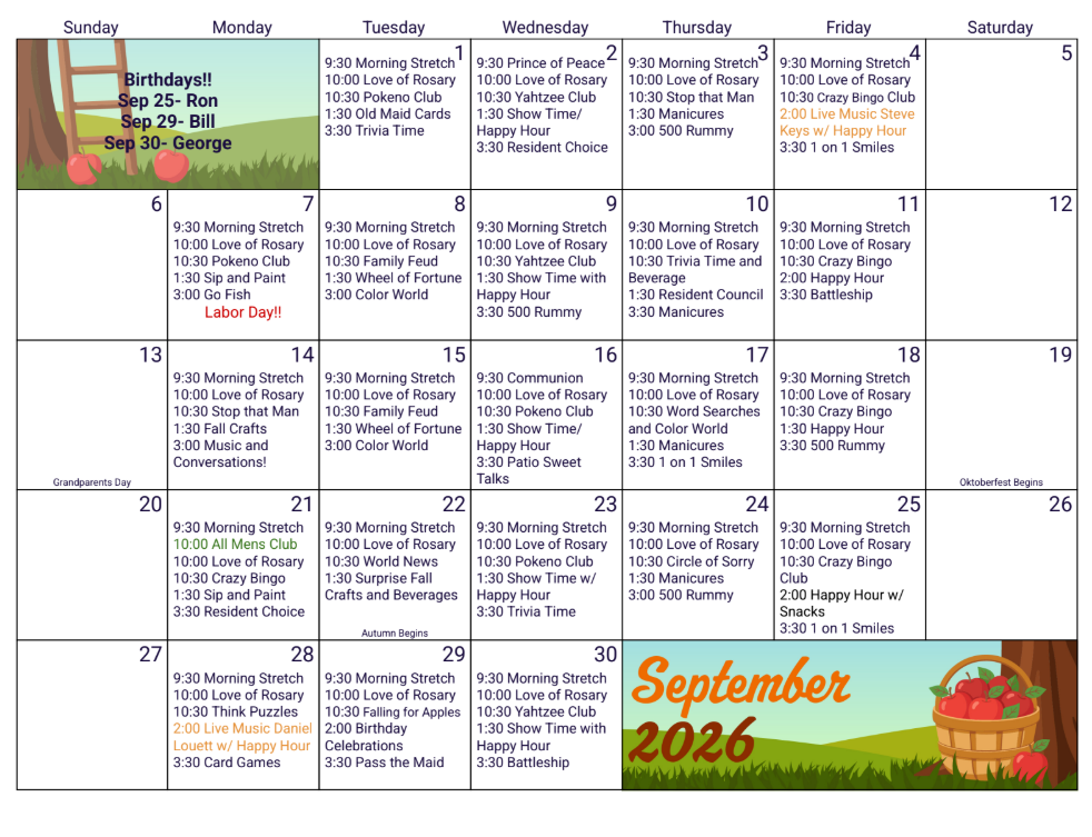 September 2026 monthly calendar with a fall basket illustration and daily event listings