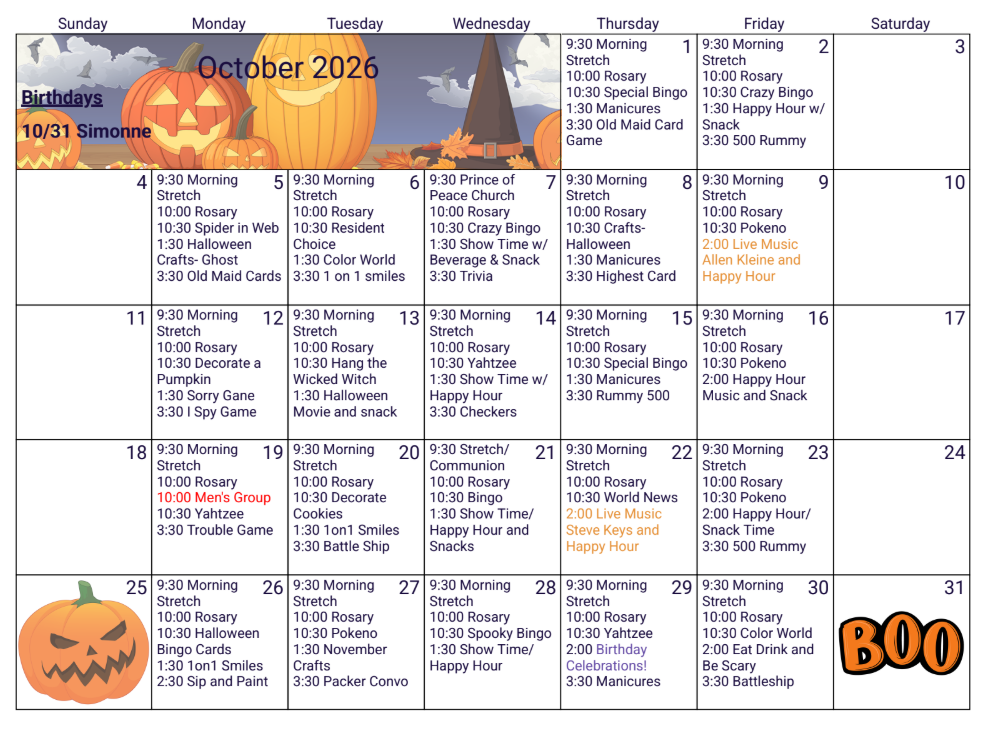 October 2026 calendar with Halloween pumpkins and orange accents