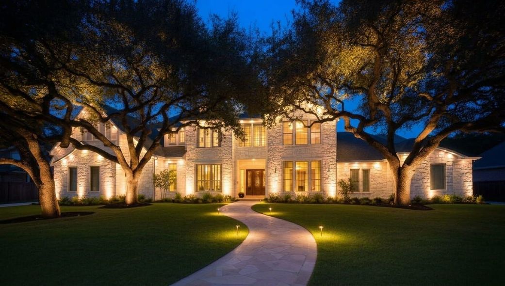 Roof Inspections - Phoenix Storm Restoration Large illuminated mansion at dusk with a curved walkway, green lawn, and trees framing the entrance.