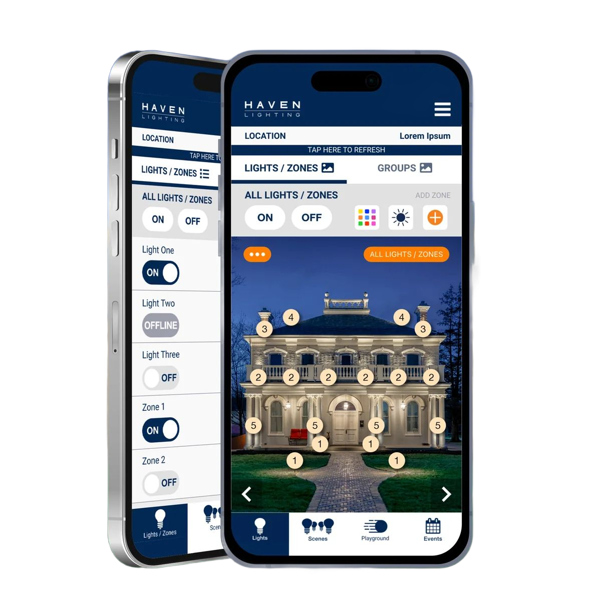 Two smartphones showing a blue hotel booking app with a luxury mansion photo and navigation icons