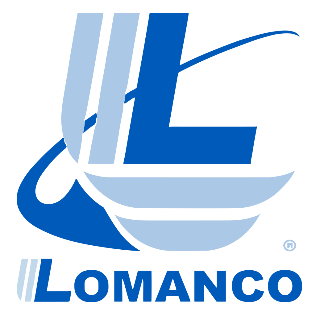Blue and light blue Lomanco logo with stylized