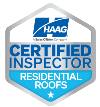 Phoenix Storm Restoration is HAAG Certified Silver badge: HAAG Certified Inspector of Residential Roofs in blue and white.
