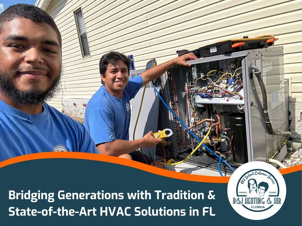 Two men are working on an air conditioner outside of a house. Two men are working on an air conditioner outside of a house.