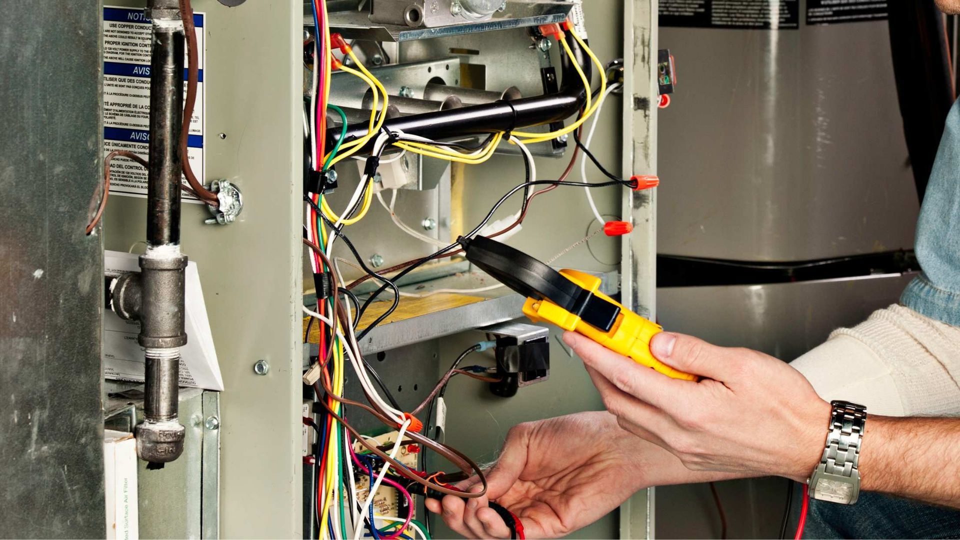 Technician using a yellow tester to inspect wiring inside an open electrical panel