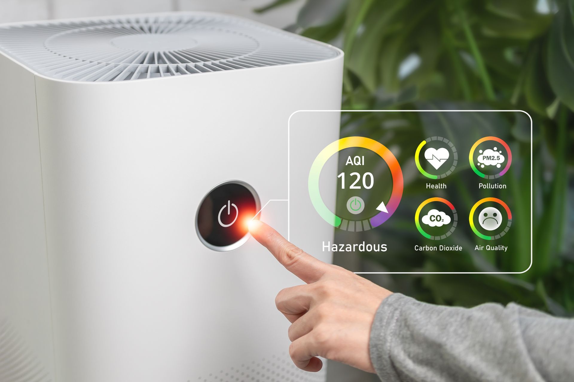 A hand touches a white air purifier’s power button, displayed next to a digital overlay showing hazardous air quality.