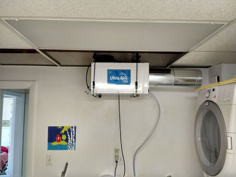 An empty room with a moldy wall and a humidifier in it.