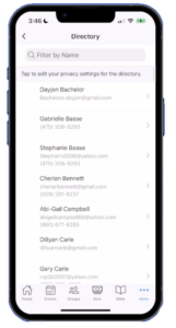 Phone screen showing a directory list with search bar and bottom navigation tabs