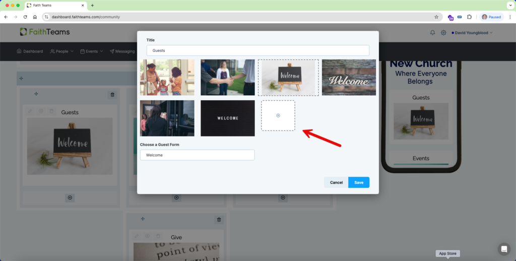 Desktop browser with a file picker open, showing image thumbnails and a highlighted blank upload slot with a red arrow.