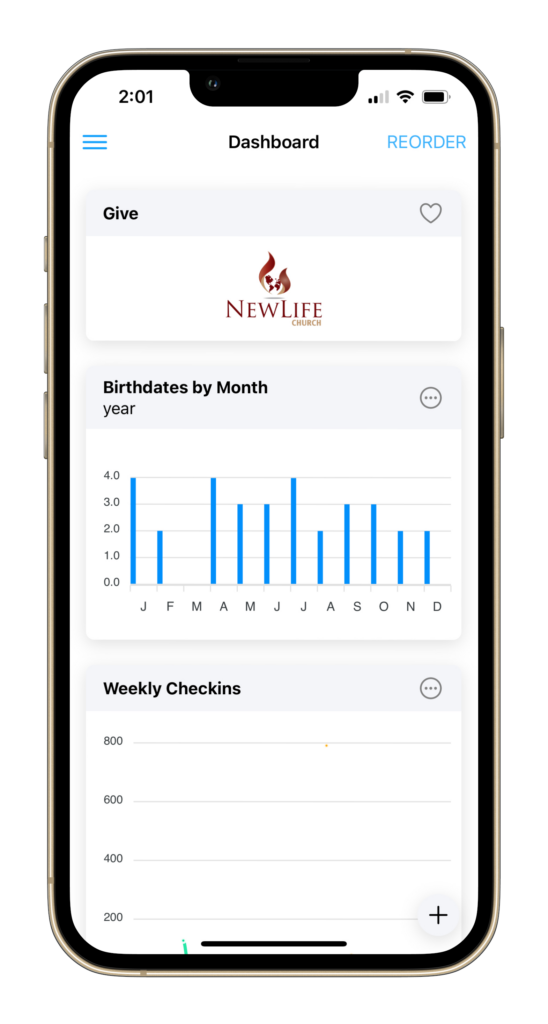 IPhone screen showing a hydration app dashboard with water goal, blue bar chart, and weekly check-ins