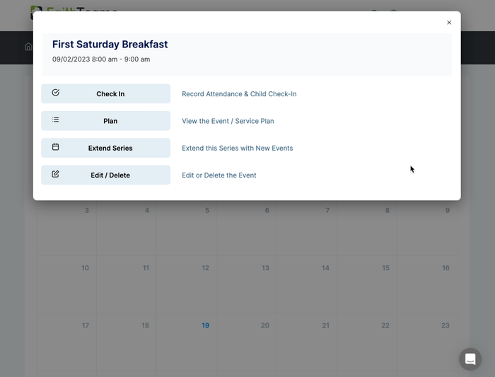Calendar popup showing “Final Saturday Breakfast” details over a monthly calendar grid.