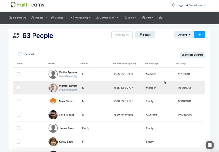 People management dashboard showing a table of 63 people with filters and action buttons.