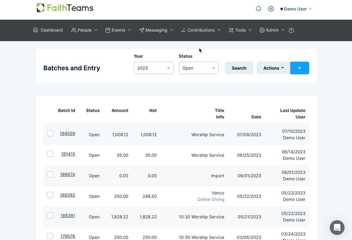 Inventory management web dashboard showing a searchable table of entries with filters and action buttons.