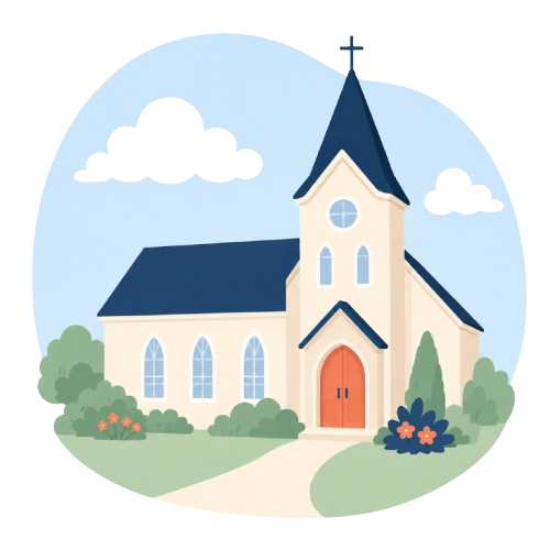 Illustrated cream church with blue roof and steeple, set in a grassy landscape with clouds and flowers.