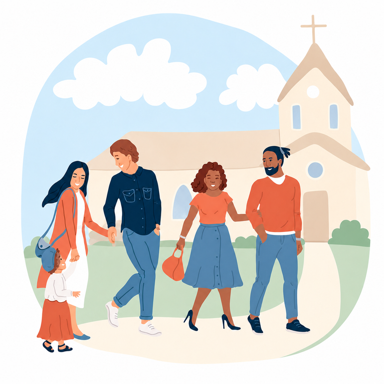 Four people walking together near a church, with a cross, clouds, and a blue sky.