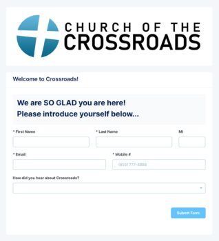 Church of the Crossroads welcome form with name, email, and mobile fields and a blue submit button
