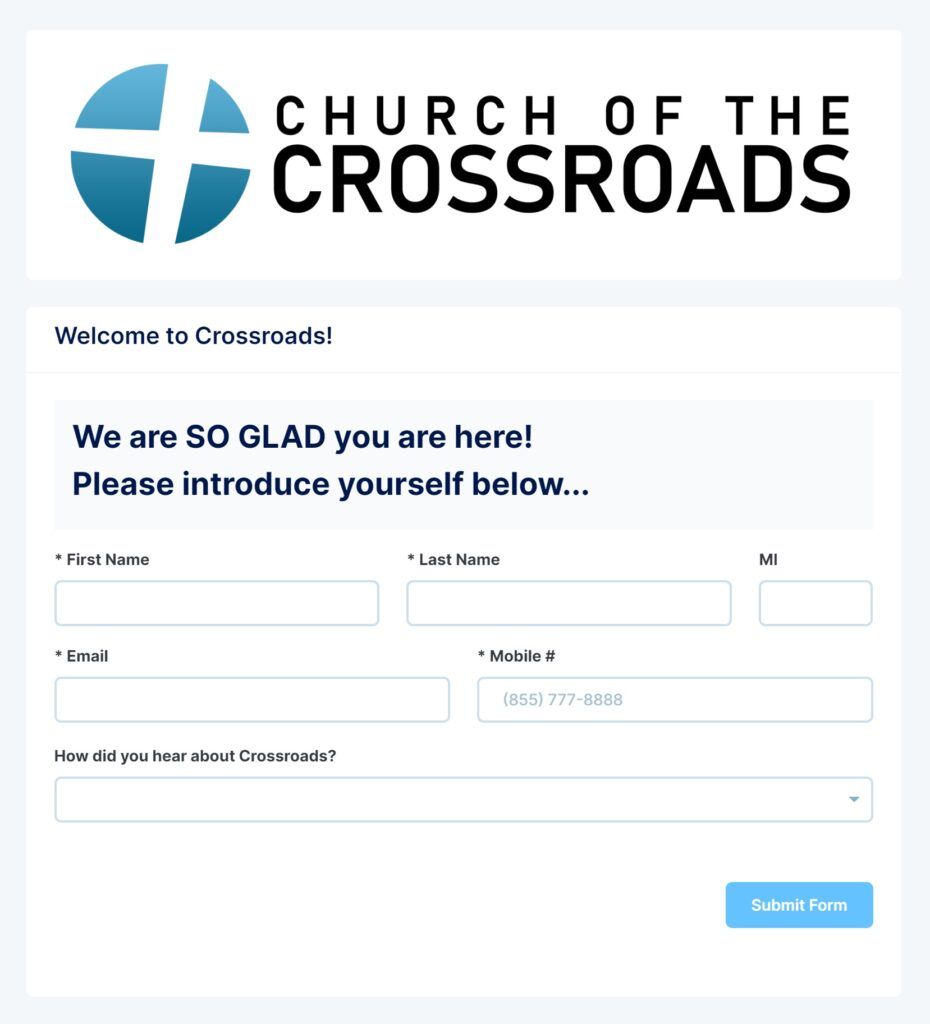 Church of the Crossroads welcome page with a new visitor information form