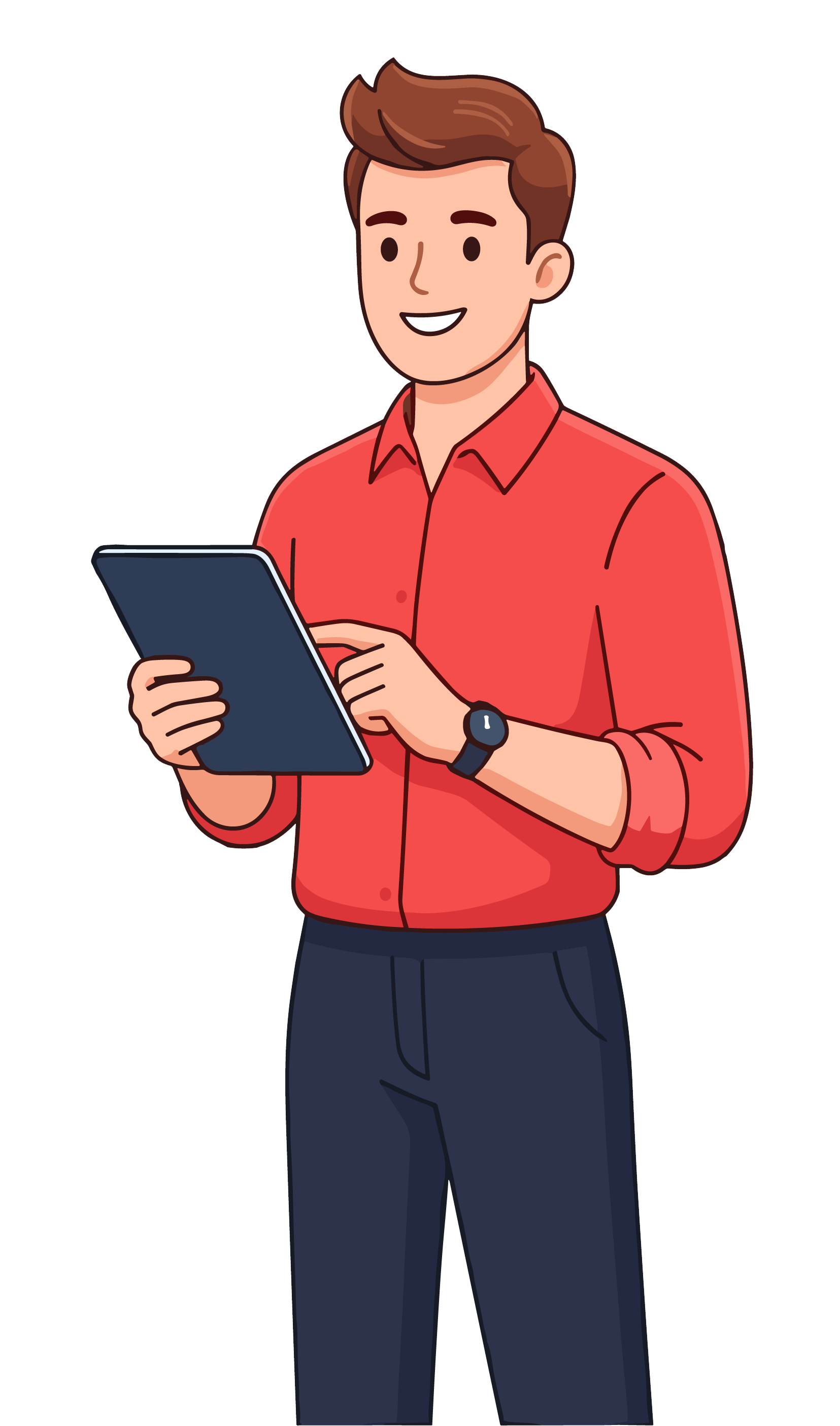 Person holding a tablet and smiling, wearing a red shirt and dark pants.