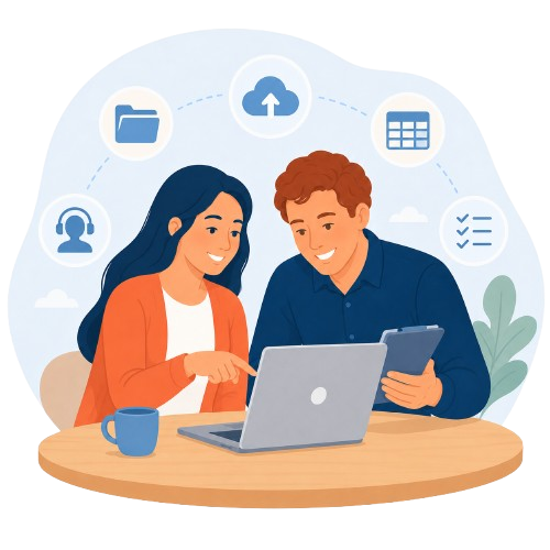 Two coworkers collaborating at a laptop with cloud app icons above them