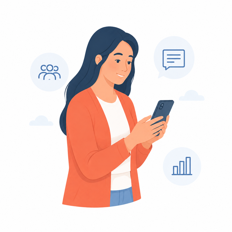 Woman in orange jacket using a smartphone, with social media icons around her.