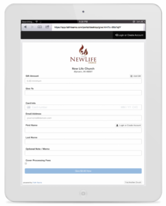 Tablet displaying a New Life Church online prayer request form on a white webpage
