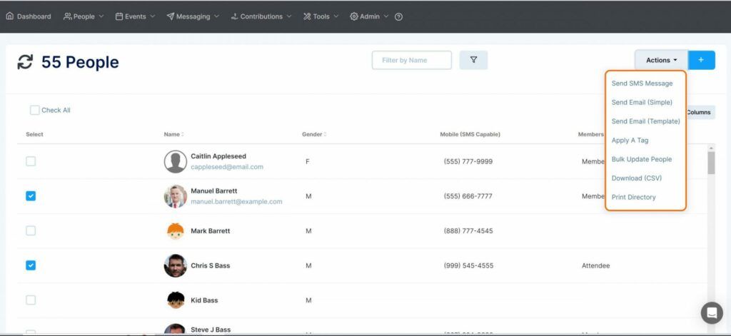 People list in a dashboard with a dropdown menu open on the right.