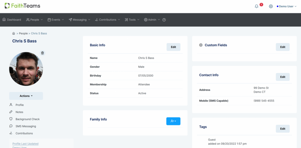 Admin dashboard with profile photo, navigation sidebar, and white summary cards on a light gray background