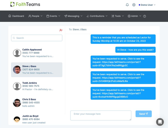 FaithTeams web app chat screen with contact list and blue message thread