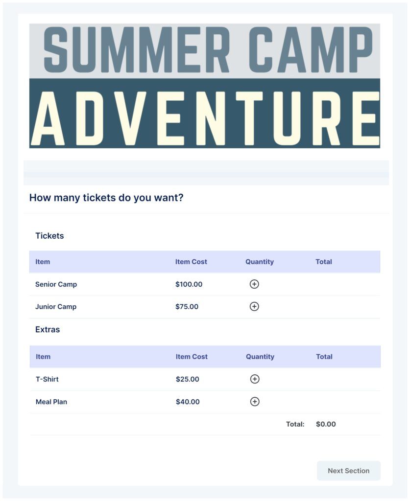 Summer Camp Adventure registration form with camp options, quantities, totals, and a