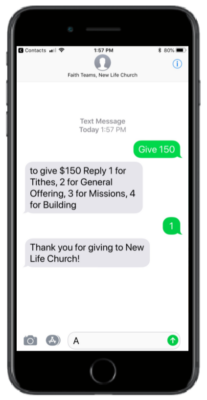 IPhone showing a text conversation about giving to a New Life Church building fund