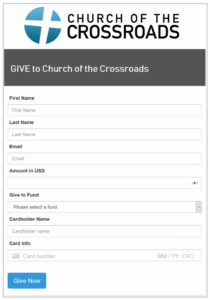 Church of the Crossroads donation form with fields for name, email, gift amount, payment, and a blue Give Now button