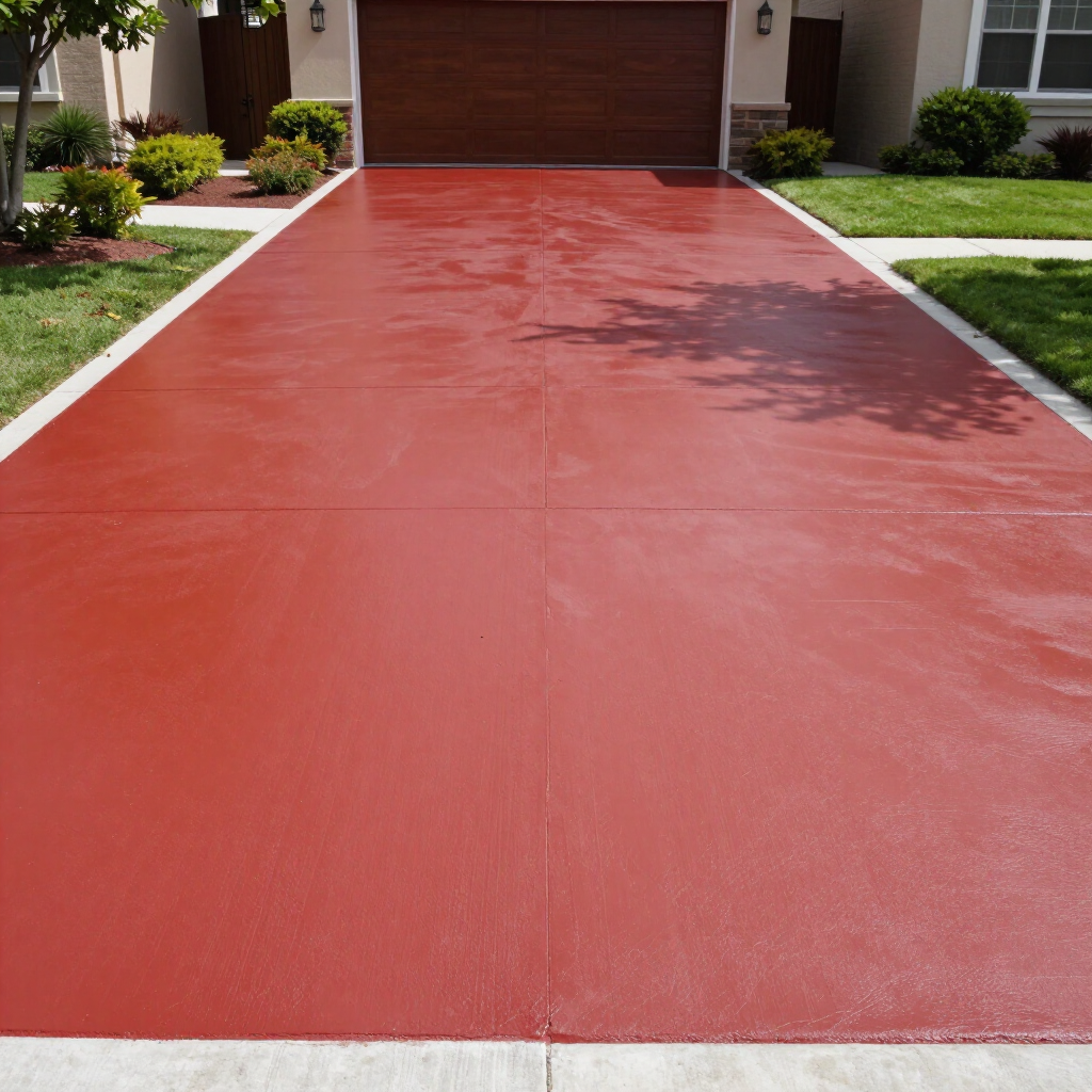 Red painted driveway leading to a house garage, bordered by green lawn and landscaping.