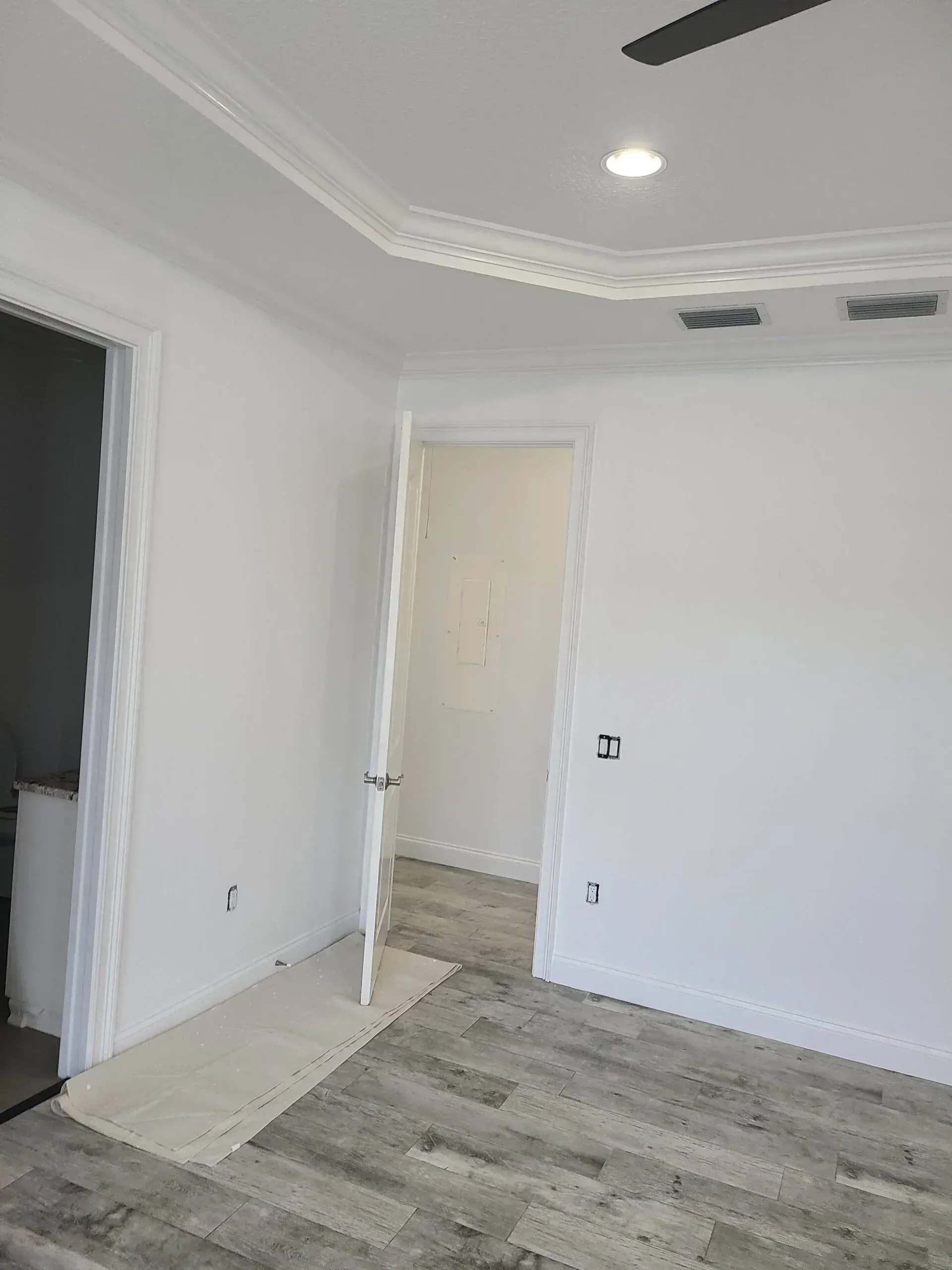 Empty white room with gray wood flooring and two open doorways