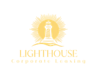 Logo: Lighthouse over water, sunburst background,