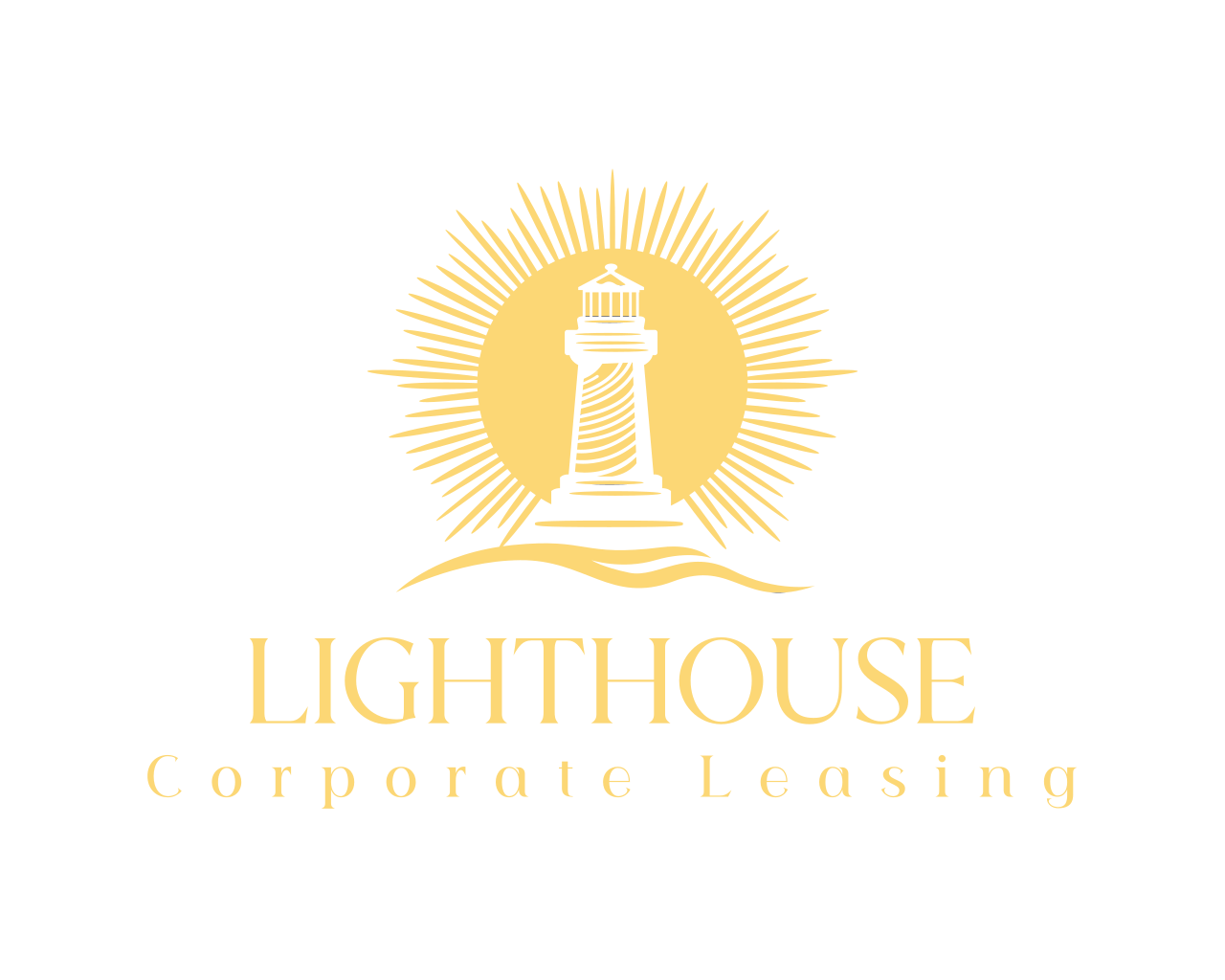 Logo: Lighthouse over water, sunburst background, 