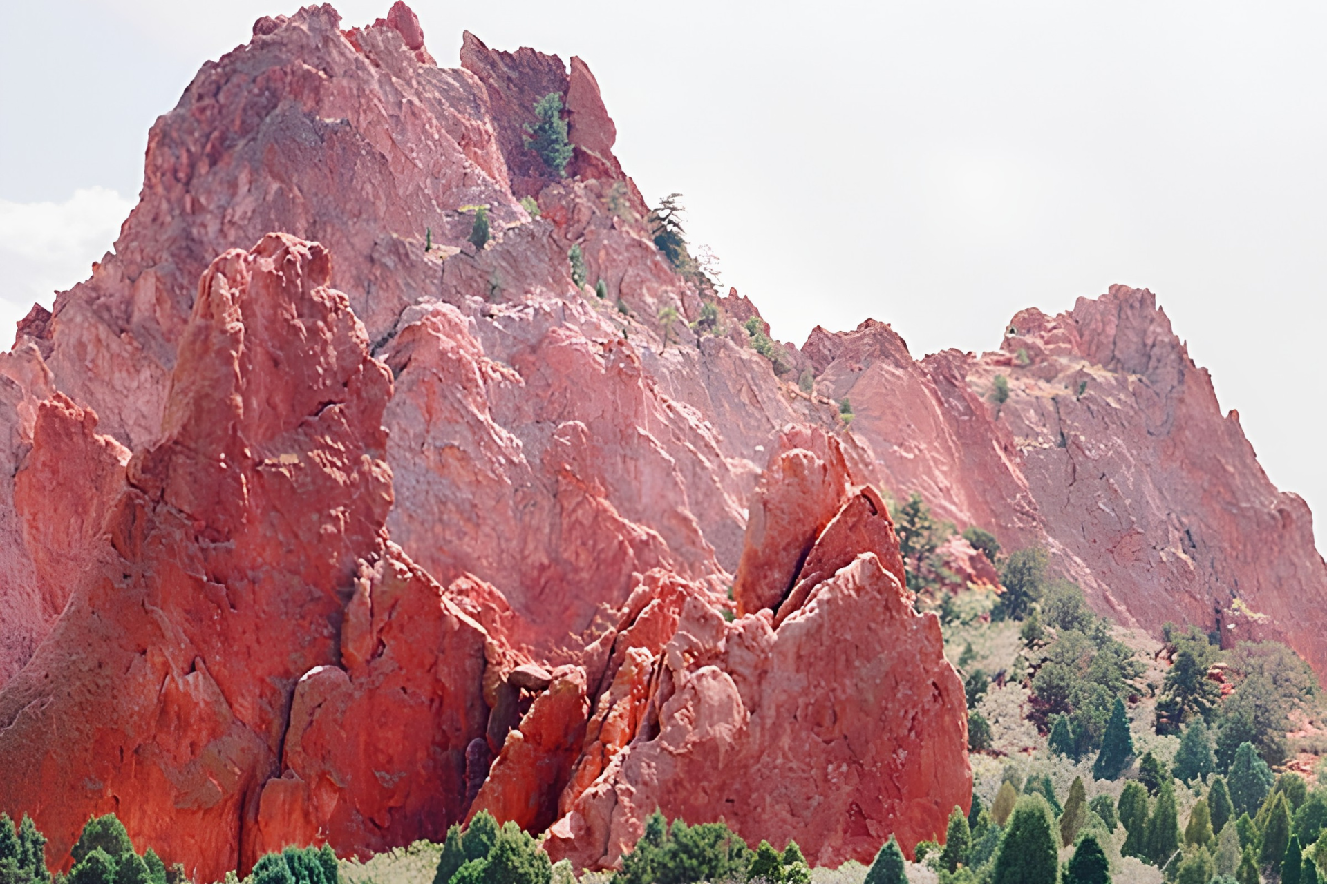 Red sandstone rock formations rising above green shrubs under a pale sky